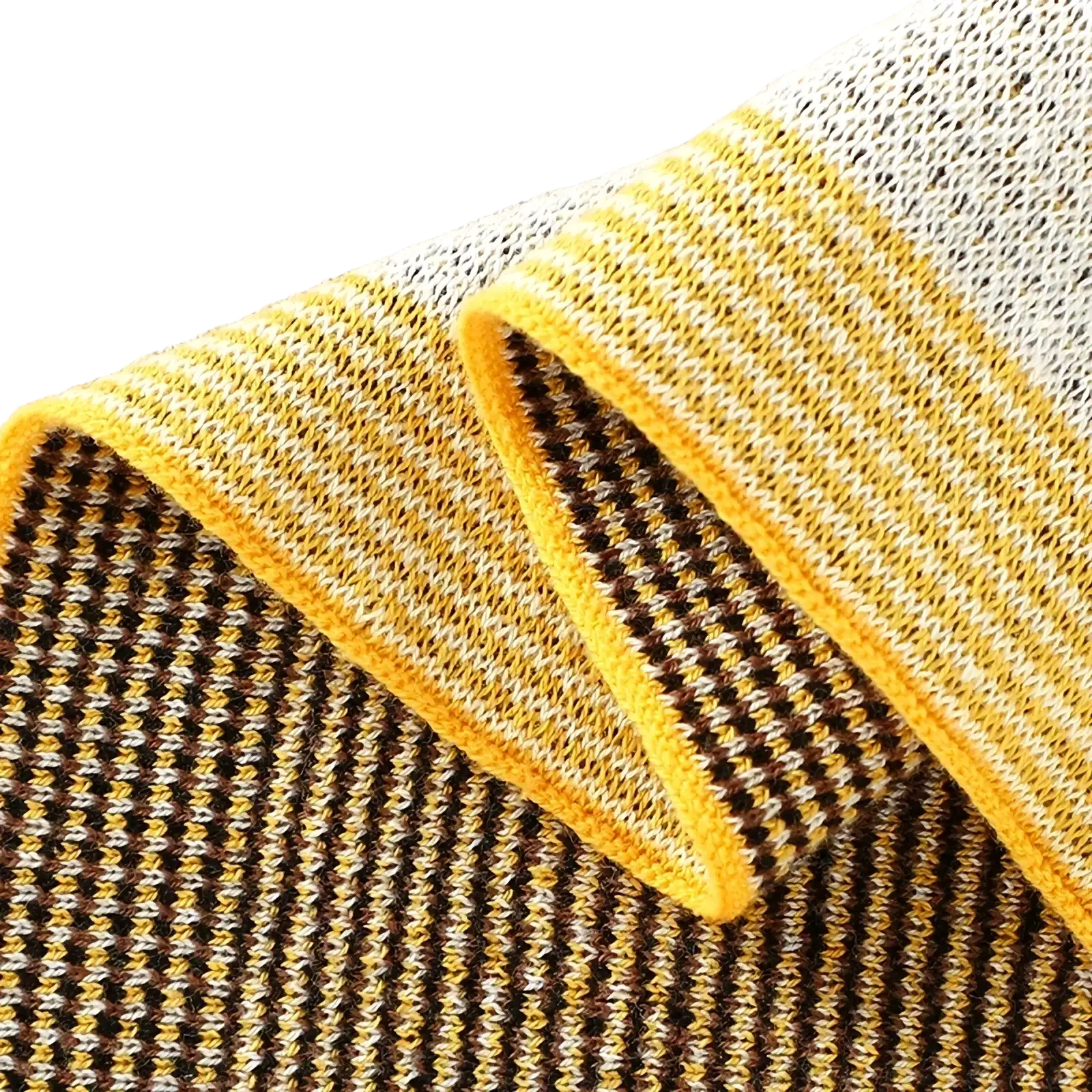 Knitted cotton giraffe baby blanket featuring a soft scarf with a vibrant yellow border and brown cream houndstooth pattern