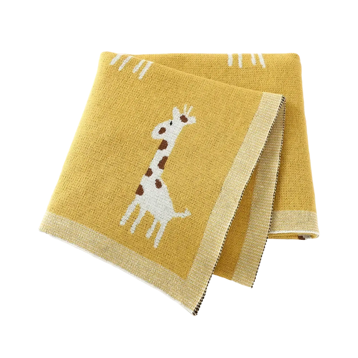 A soft yellow knitted cotton baby blanket featuring a white giraffe with brown spots and white decorative stripes