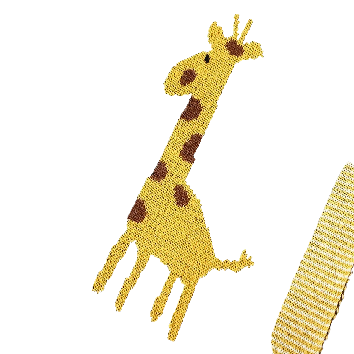 Knitted cotton giraffe baby blanket featuring a yellow giraffe with brown spots on light gray fabric with mustard trim