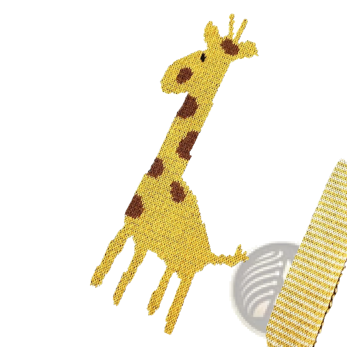 Knitted cotton giraffe baby blanket featuring a yellow giraffe with brown spots on light gray fabric with mustard trim