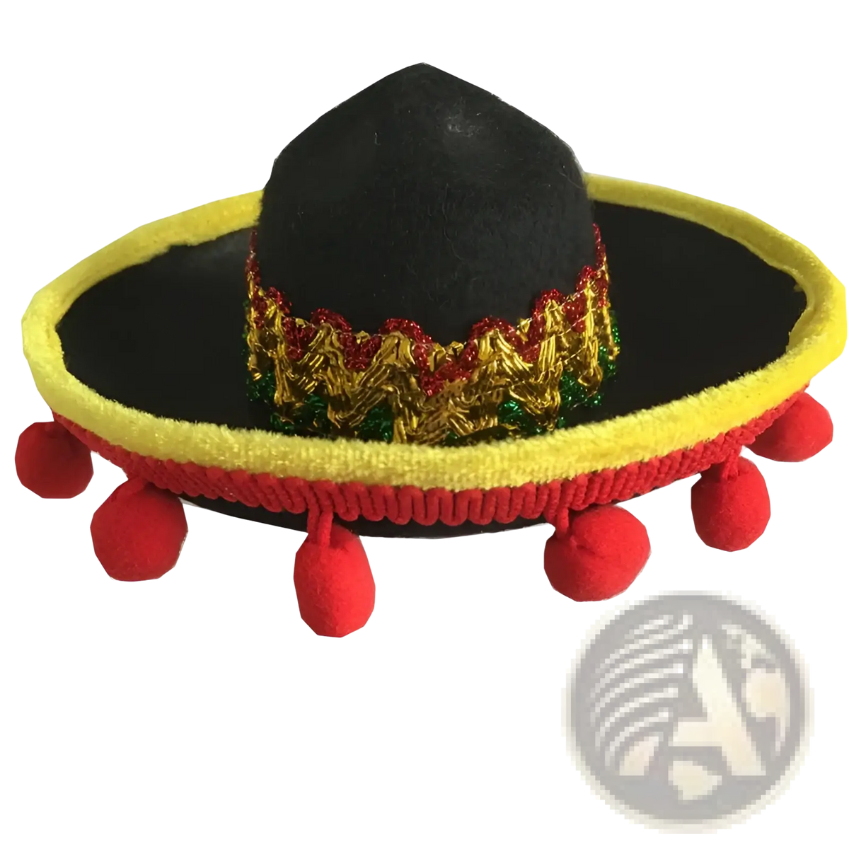 Black felt knitted dog sombrero hat with yellow brim red pom-poms and gold green embroidered band pet costume