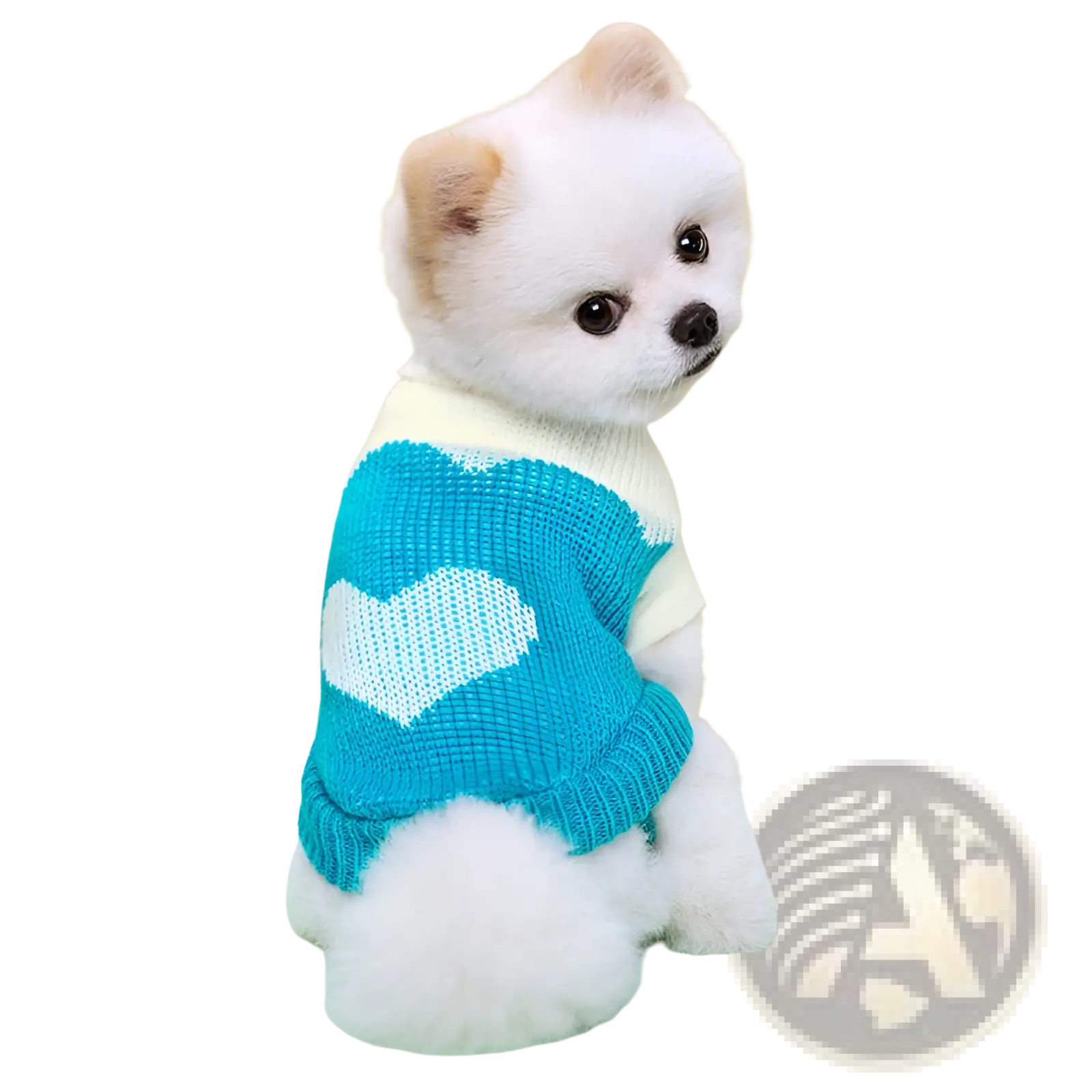 A fluffy white pomeranian wearing a turquoise knitted wool dog sweater with a white heart design