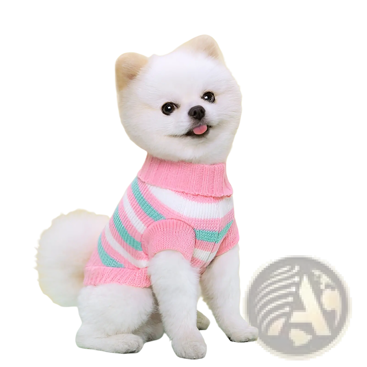 A fluffy white pomeranian wearing a pink mint green and white striped knitted wool dog sweater for pets