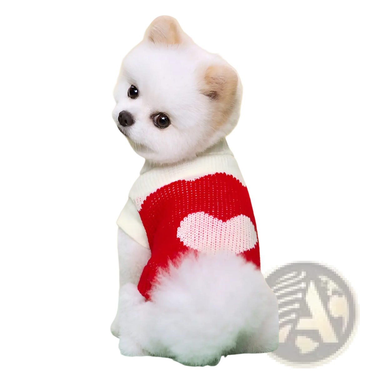 A fluffy white pomeranian wearing a red and cream wool knitted dog sweater with a white heart design