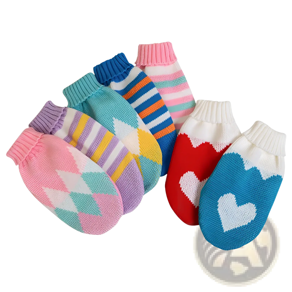 Colorful knitted baby mittens in pastel and bright hues with hearts and argyle patterns made from soft wool