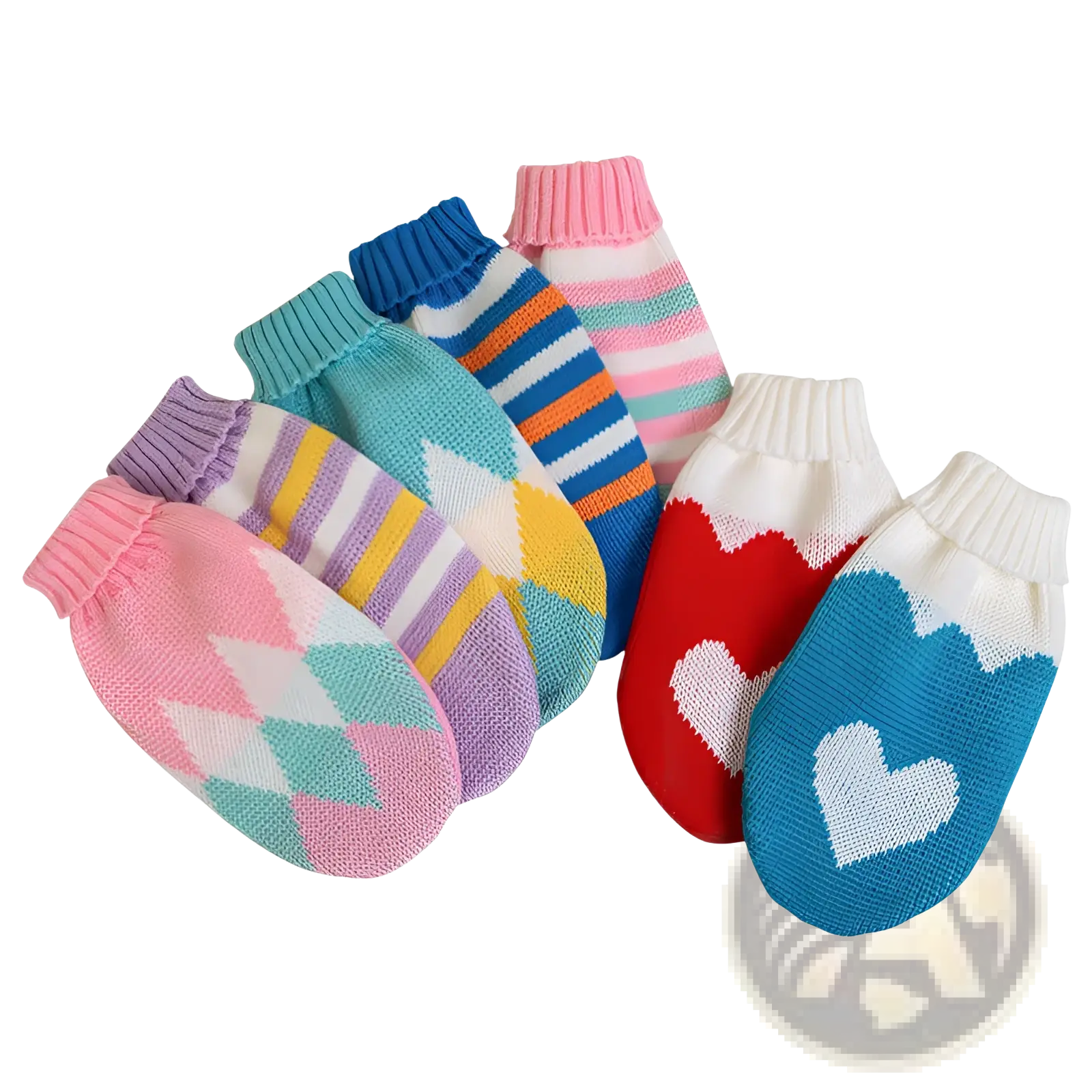 Colorful knitted baby mittens in pastel and bright hues with hearts and argyle patterns made from soft wool