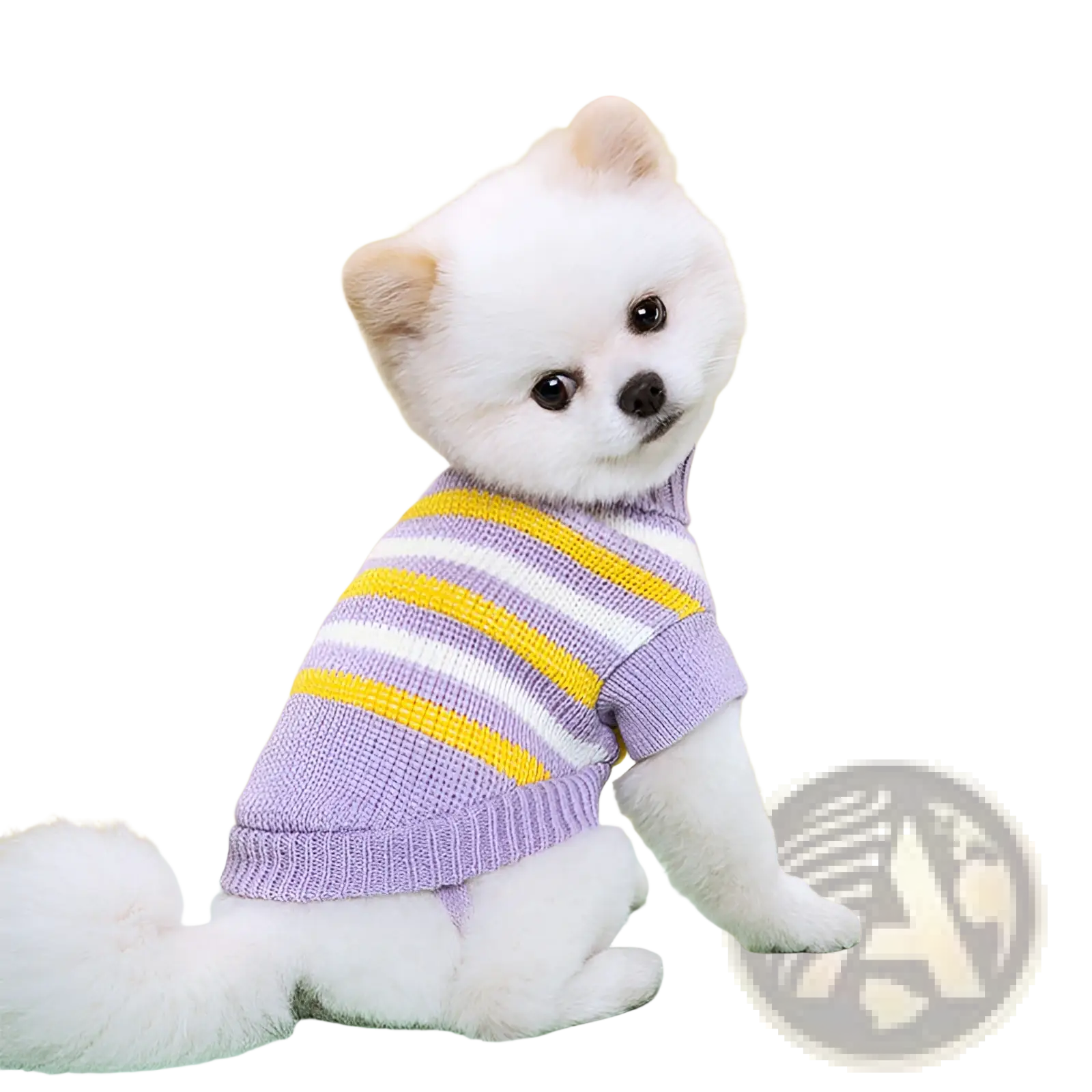 A fluffy white dog wearing a lavender and yellow striped knitted wool sweater for pets