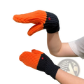 Knitted duck hand puppet winter mittens in orange and black with red gemstone eyes made of woolen yarn
