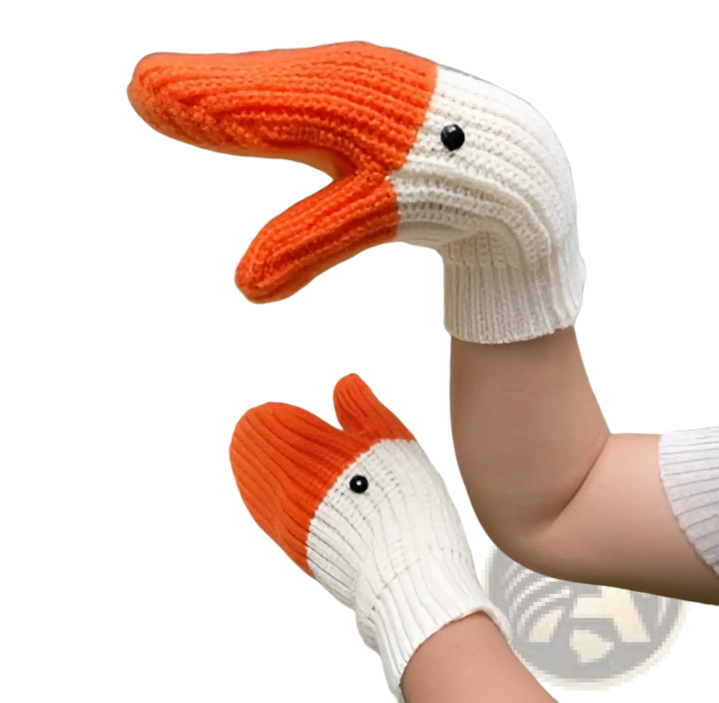 Knitted duck hand puppet winter mittens in orange and white made of soft yarn for warmth and playful use