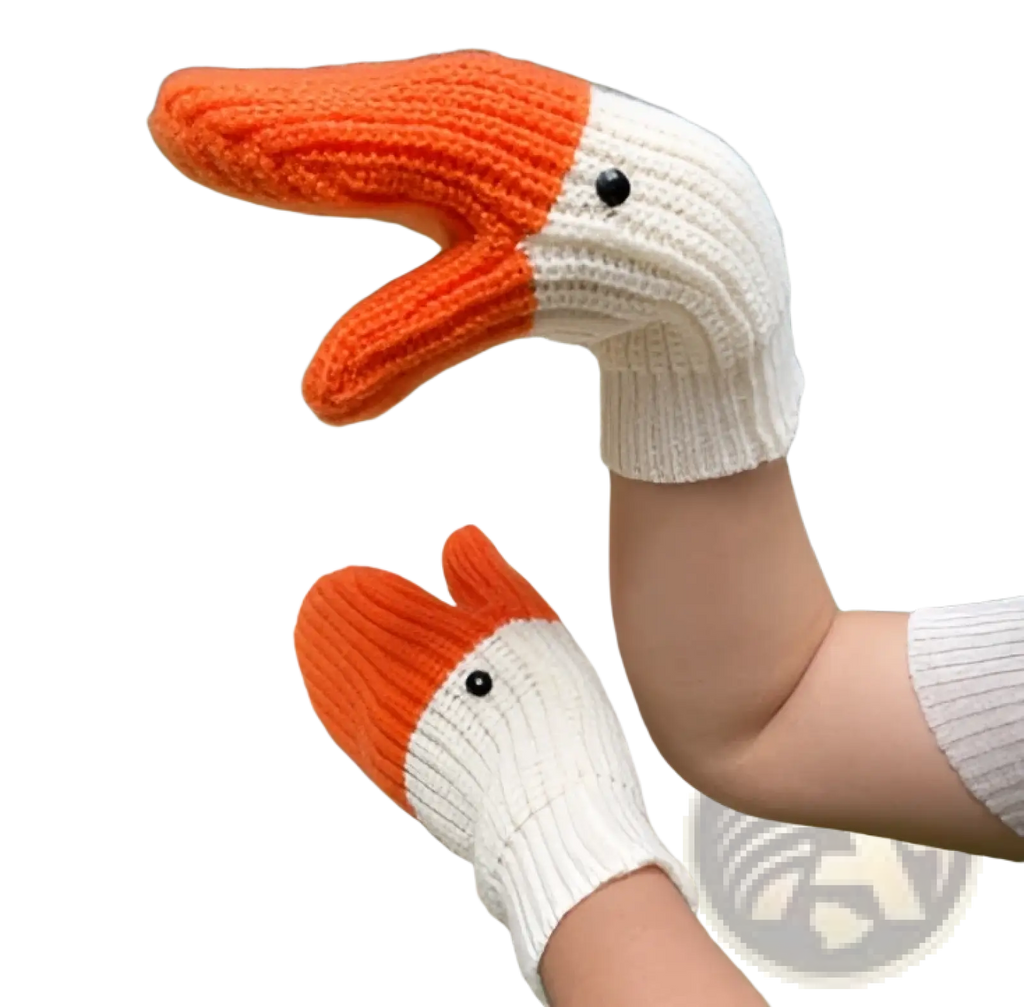 Knitted duck hand puppet winter mittens in orange and white with black bead eyes made of yarn for cold weather use