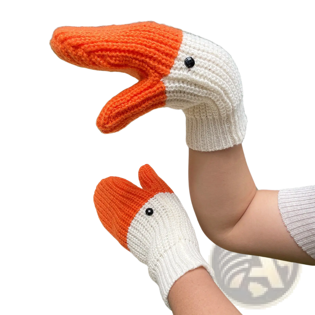 Knitted duck hand puppet winter mittens in orange and white with black bead eyes made of soft yarn for cold weather use