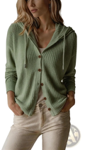Soft sage green knitted hooded cardigan with ribbed texture and wooden buttons loose fit women sweater