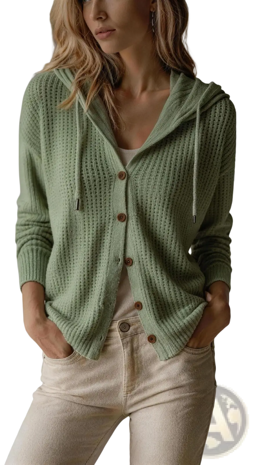 Soft sage green knitted hooded cardigan with ribbed texture and wooden buttons loose fit women sweater