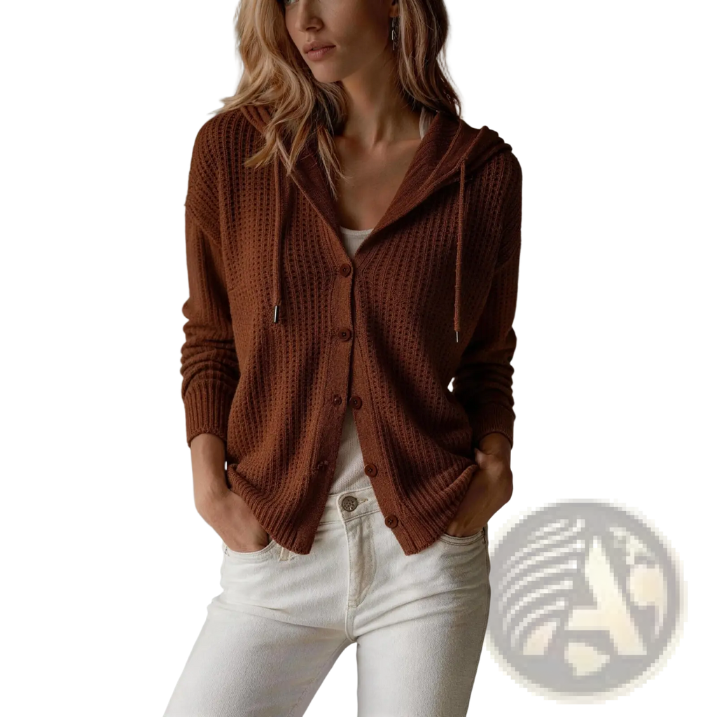 A cozy brown ribbed knit hooded cardigan with button closure and drawstring hood for women in loose fit style