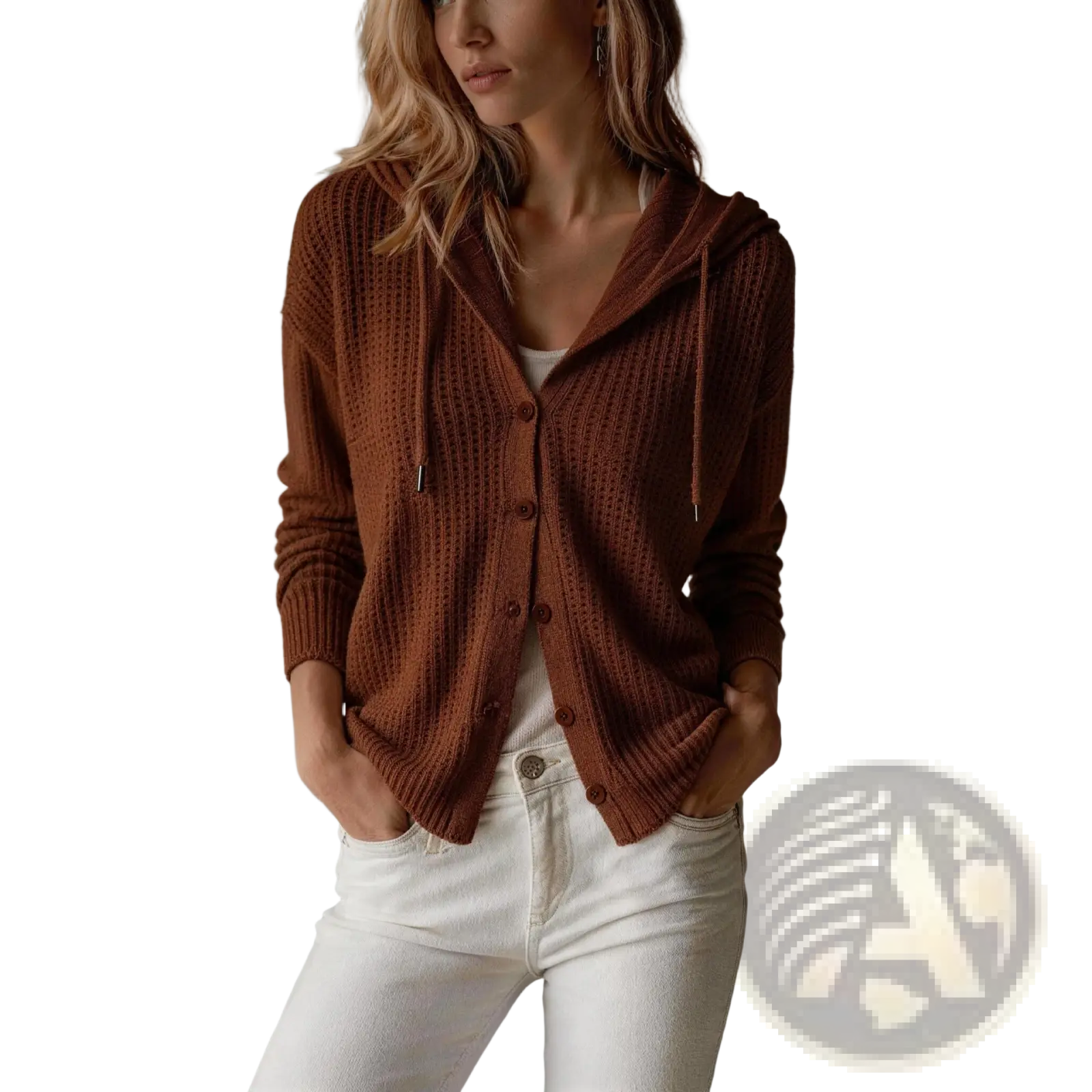 A cozy brown ribbed knit hooded cardigan with button closure and drawstring hood for women in loose fit style