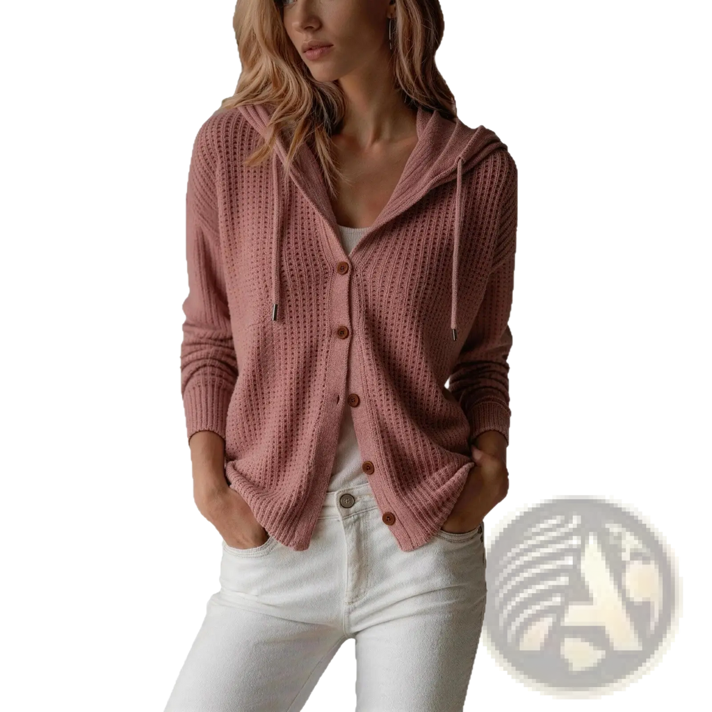 A soft pink ribbed-knit hooded cardigan with brown buttons and drawstrings in loose fit for women