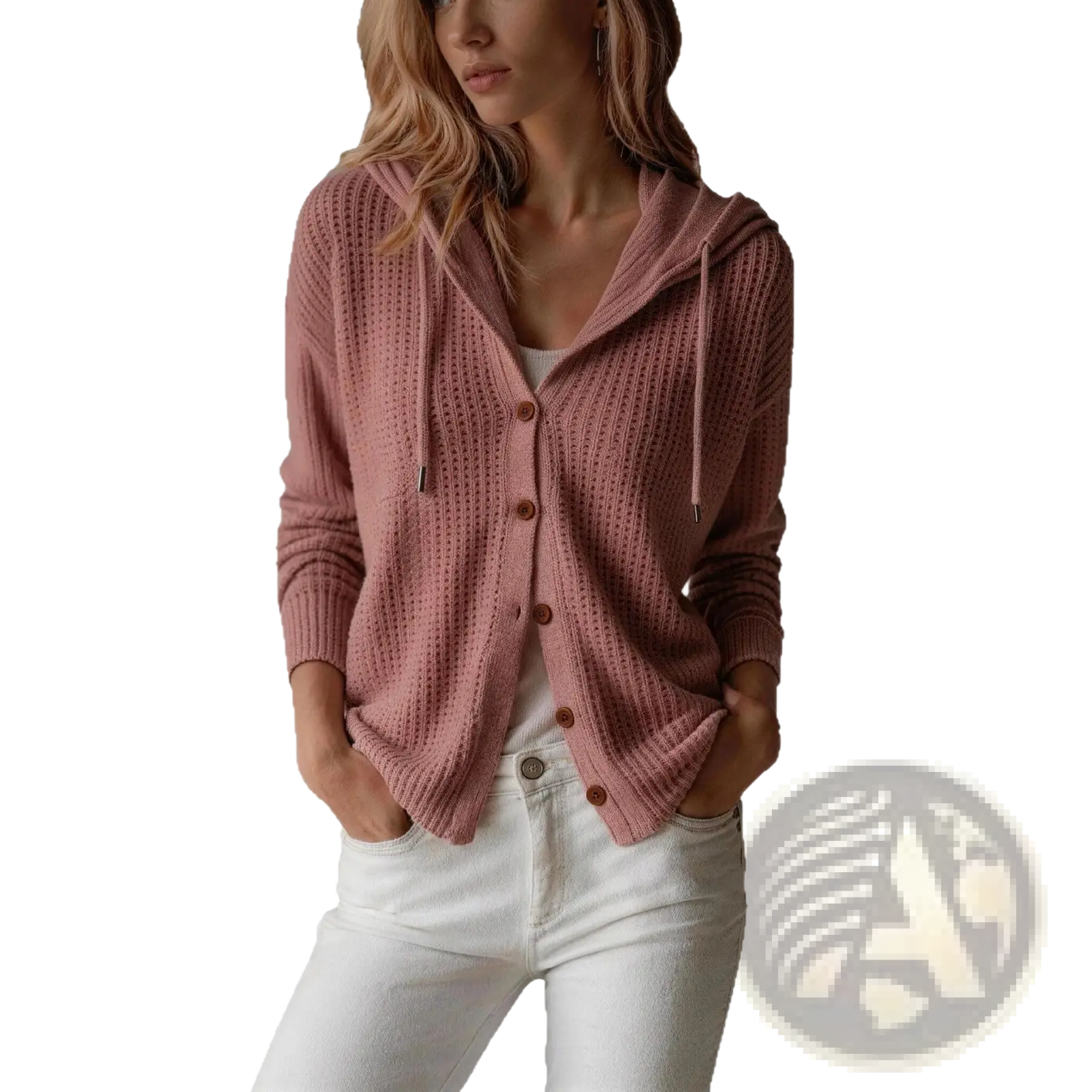 A soft pink ribbed-knit hooded cardigan with brown buttons and drawstrings in loose fit for women