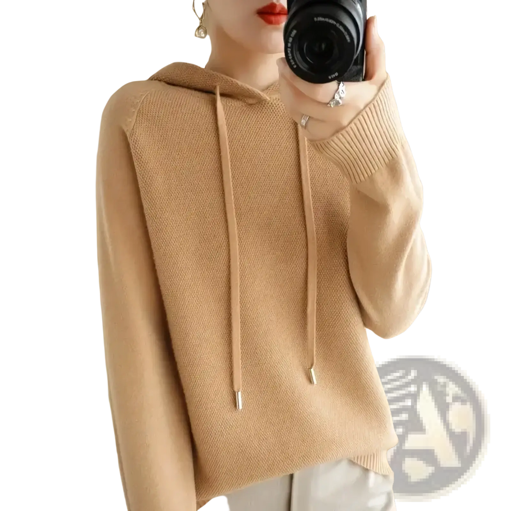 Beige knitted hooded sweatshirt for women with ribbed cuffs and hem and matching drawstrings with metallic aglets
