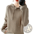 Beige knitted hooded sweatshirt for women featuring textured knit fabric with ribbed cuffs and adjustable drawstrings