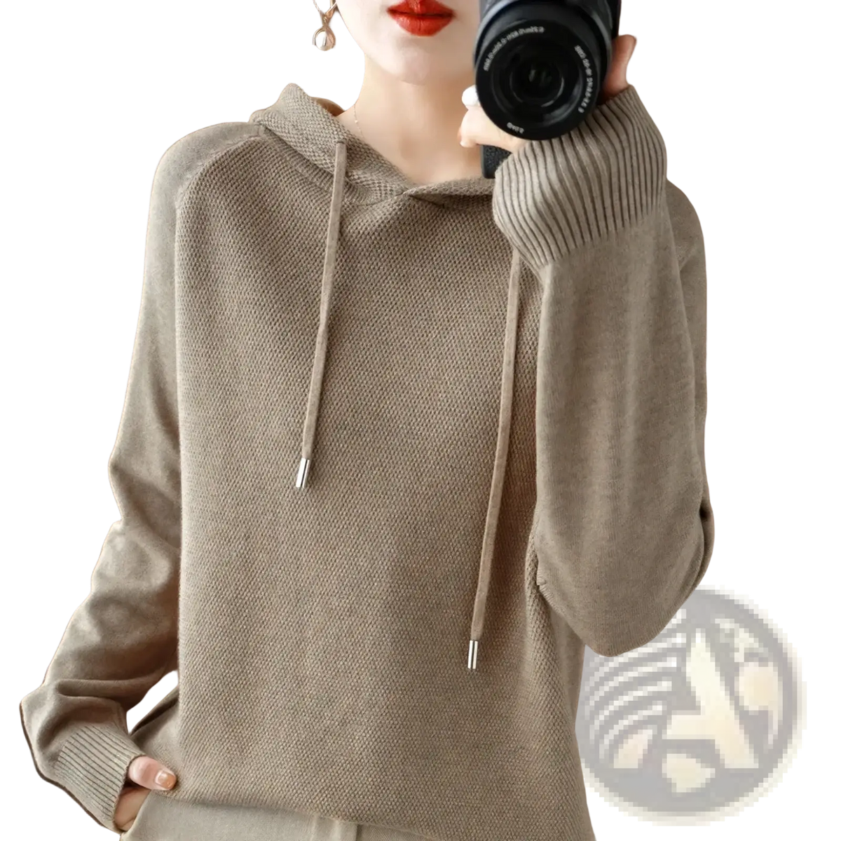 Beige knitted hooded sweatshirt for women featuring textured knit fabric with ribbed cuffs and adjustable drawstrings
