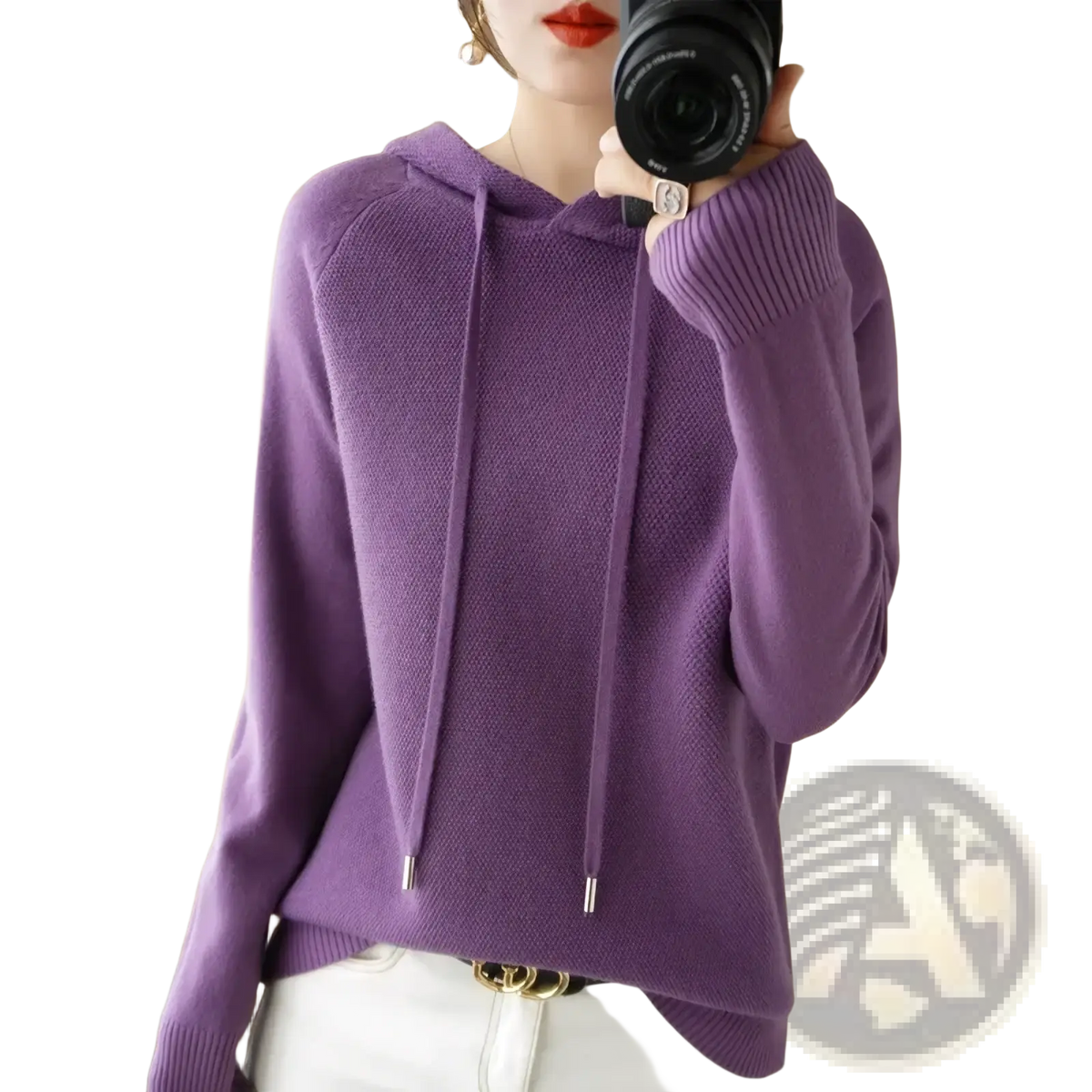 A soft solid purple knit hoodie for women featuring ribbed cuffs and hem in a knitted hooded sweatshirt style