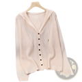 A soft blush pink knitted hoodie cardigan with v-neck button closure and drawstring hood for casual wear