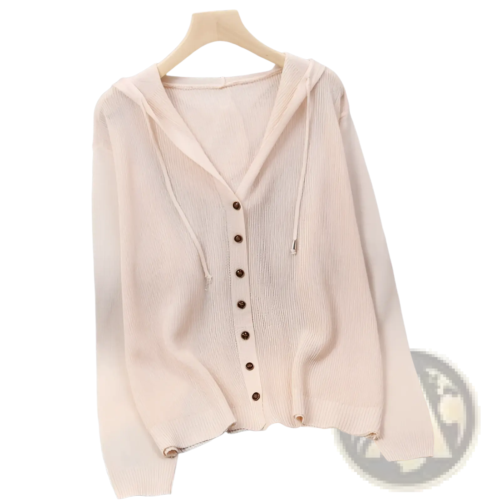 A soft blush pink knitted hoodie cardigan with v-neck button closure and drawstring hood for casual wear