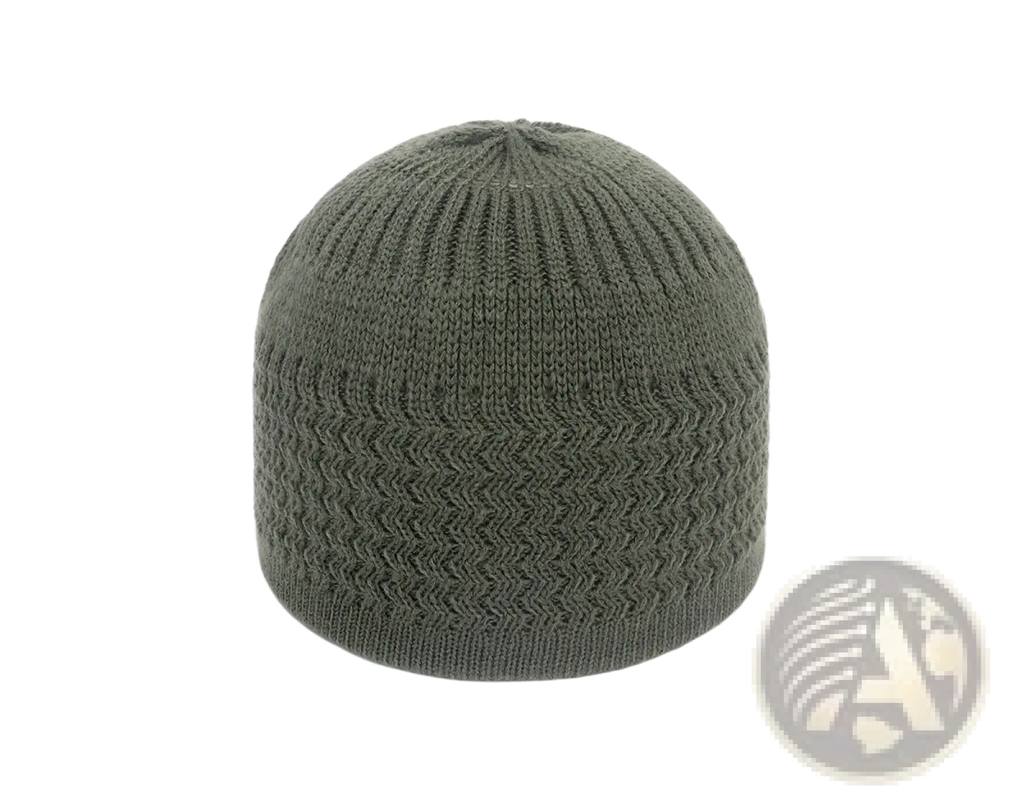 Olive green knitted jacquard winter beanie hat with ribbed texture and subtle chevron pattern for cold weather use