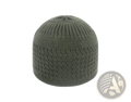 Olive green knitted jacquard winter beanie hat with ribbed texture and subtle chevron pattern for cold weather use