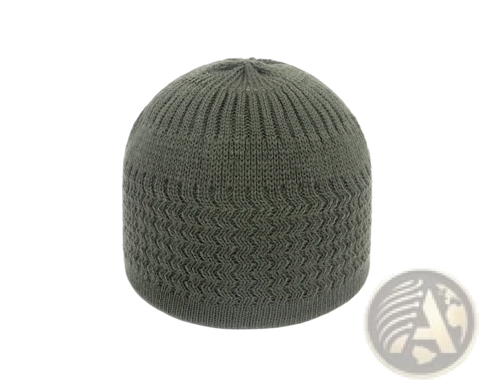 Olive green knitted jacquard winter beanie hat with ribbed texture and subtle chevron pattern for cold weather use