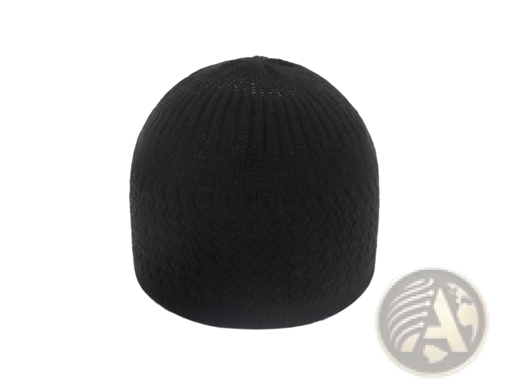 Black ribbed knit beanie made of jacquard material designed as a winter hat for cold weather use