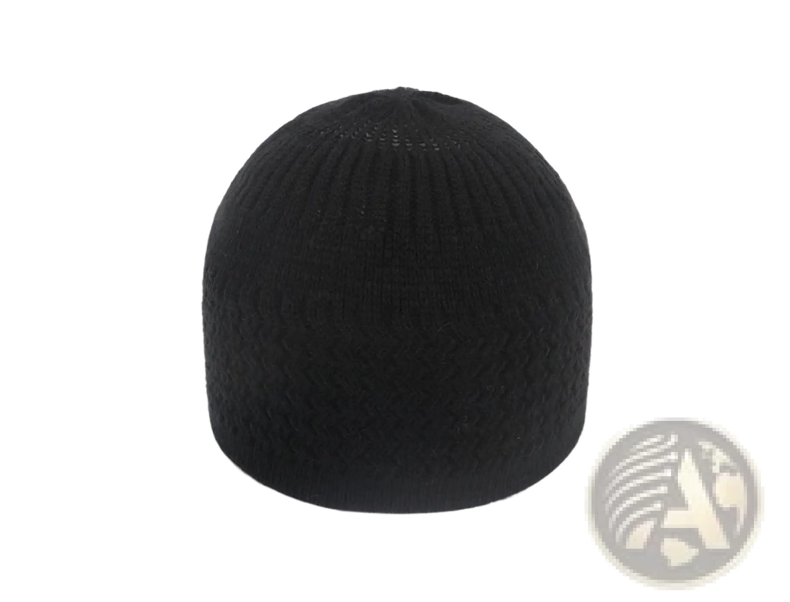 Black ribbed knit beanie made of jacquard material designed as a winter hat for cold weather use