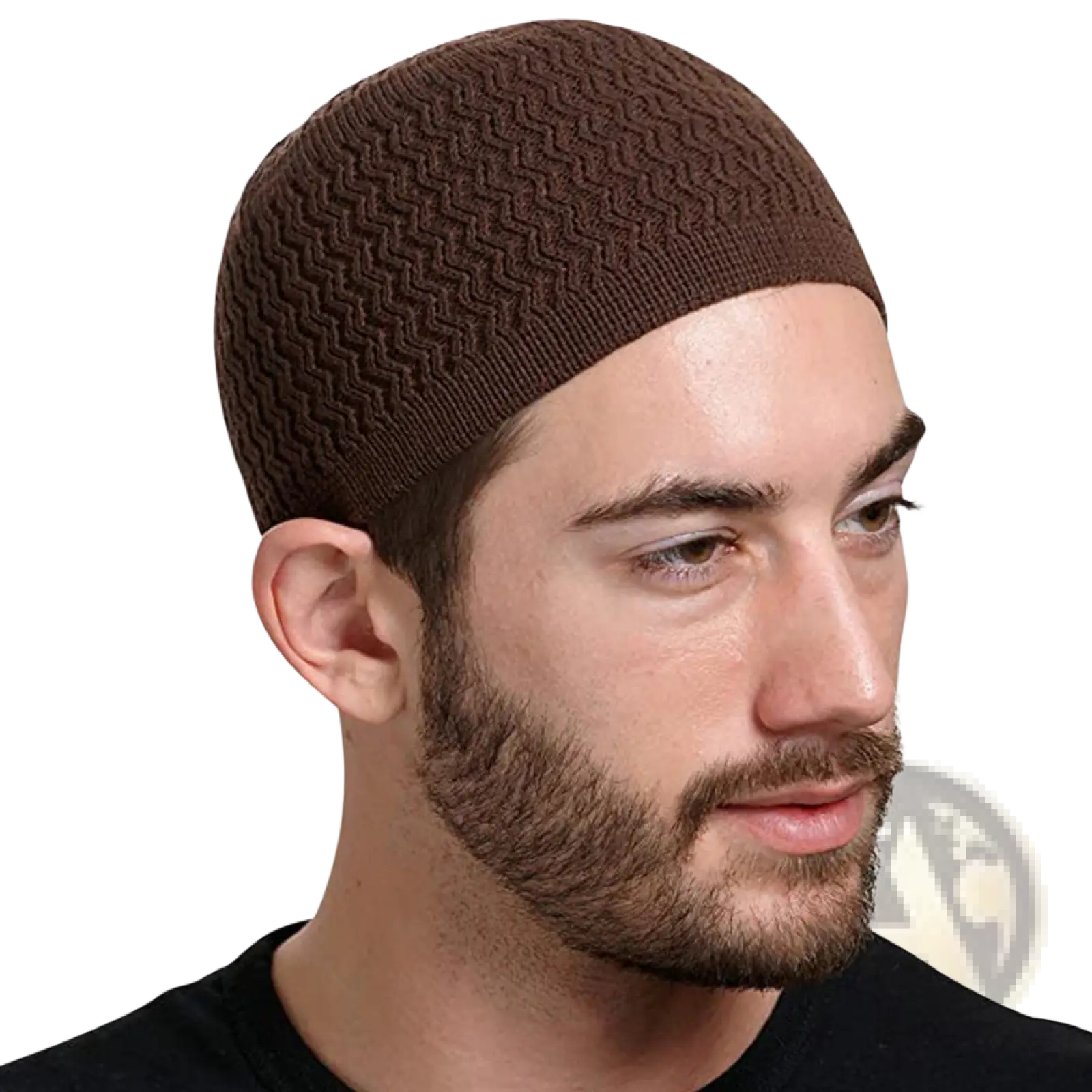 Brown knitted jacquard winter beanie hat featuring a herringbone pattern and made from wool blend material