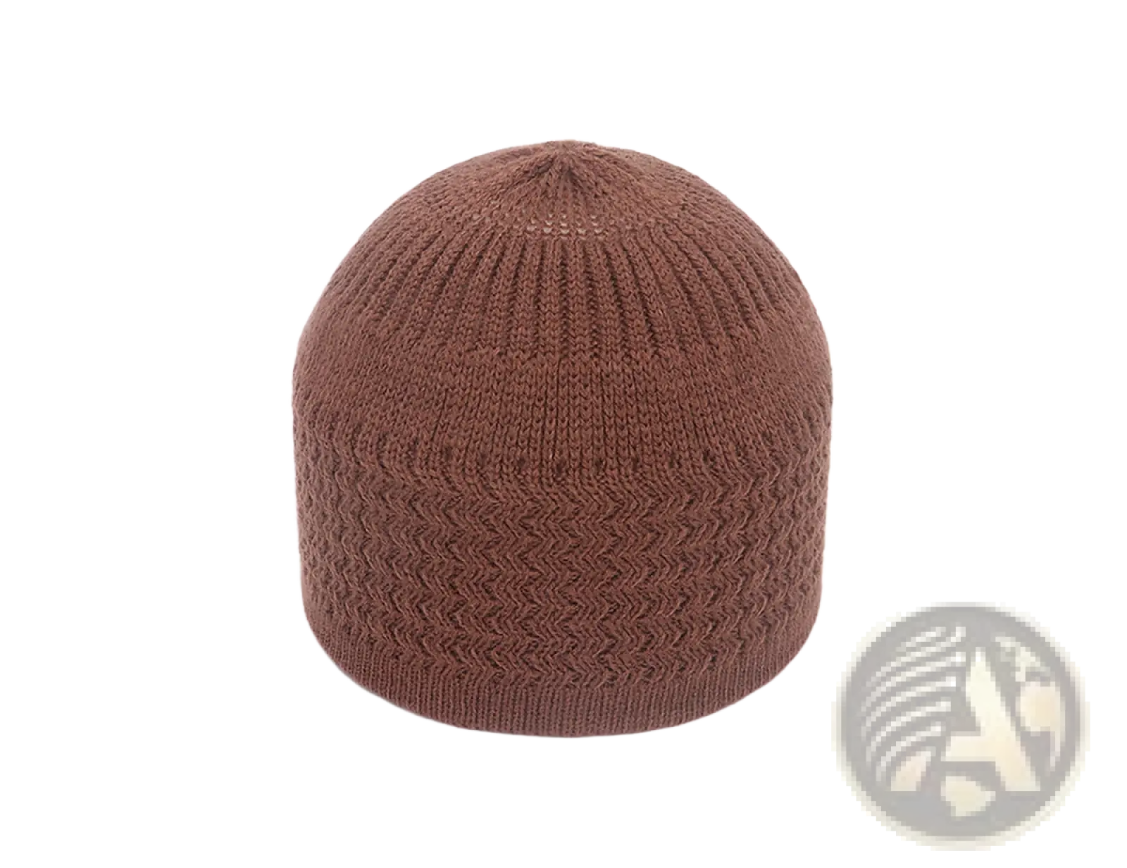 A cozy brown knitted jacquard winter beanie hat with ribbed texture and subtle herringbone pattern
