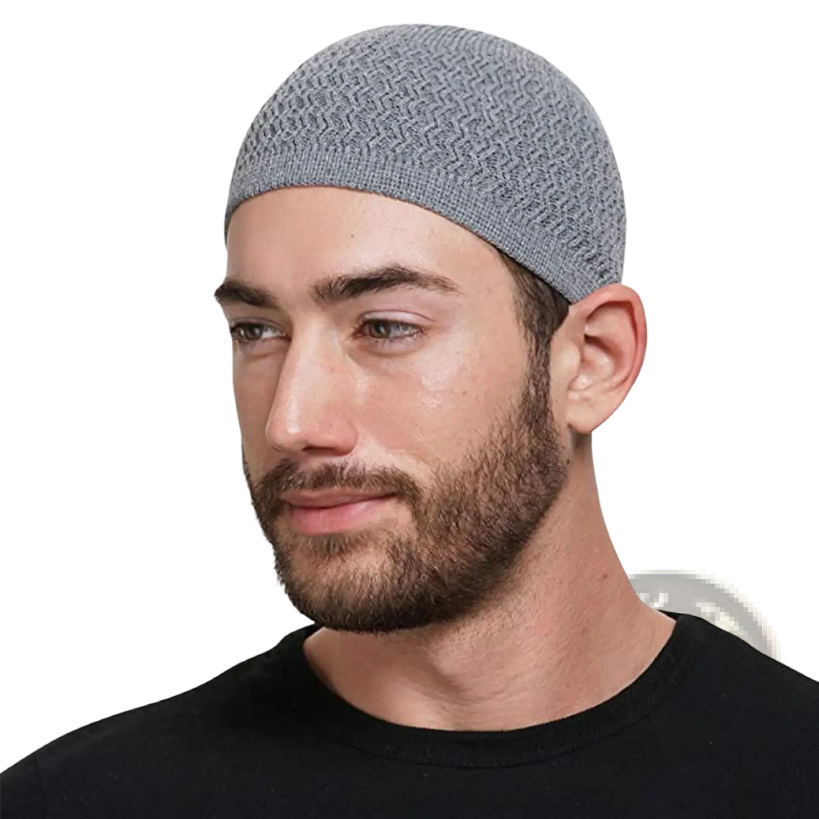 Gray knitted jacquard winter beanie hat with subtle herringbone pattern made from warm knit material for cold weather