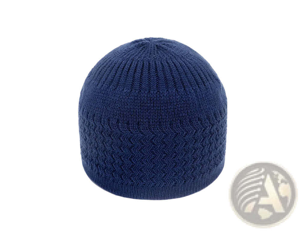 Navy blue knitted jacquard winter beanie hat with ribbed texture and chevron pattern made of warm yarn