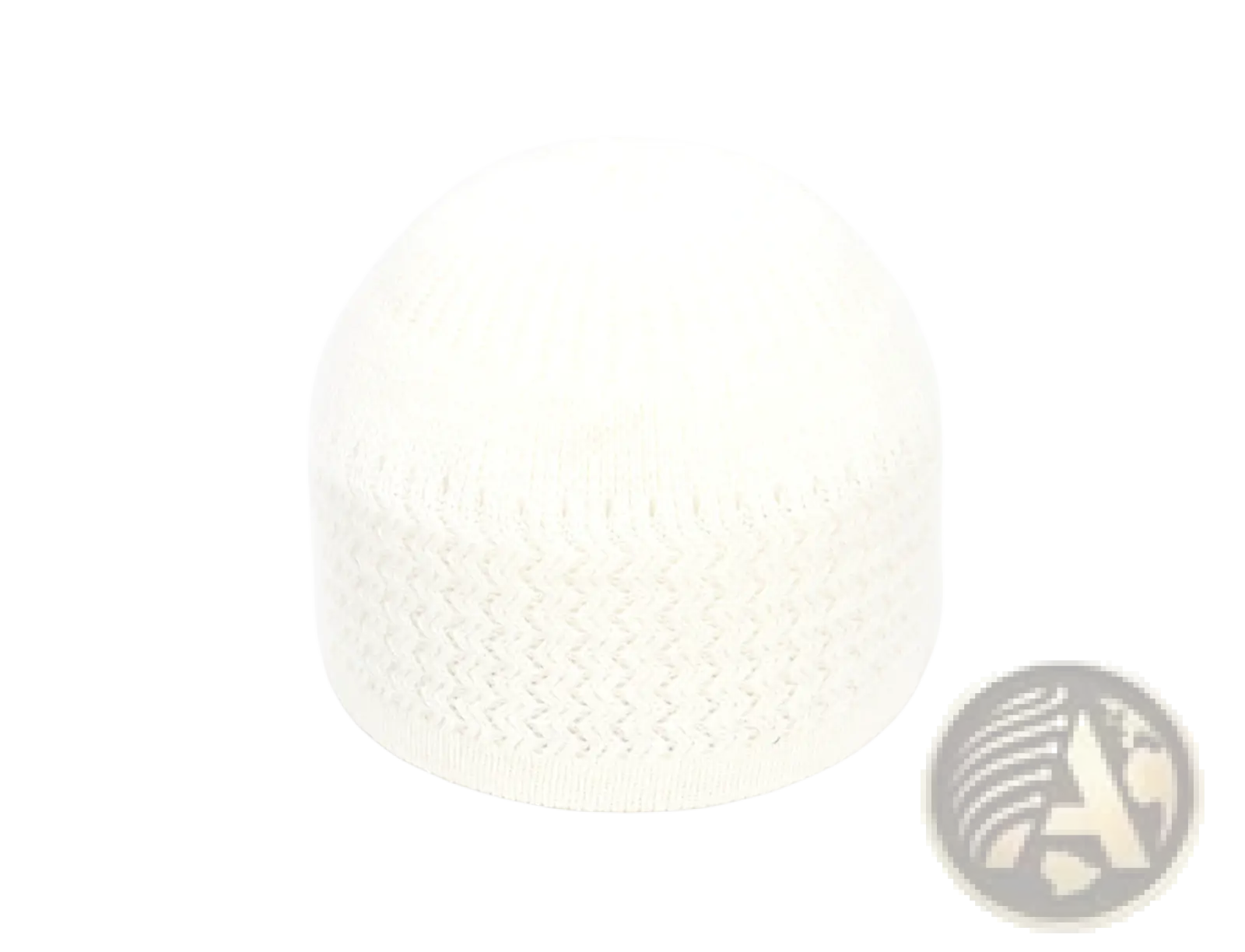 A soft white knitted jacquard winter beanie hat with a textured zigzag pattern along the bottom edge