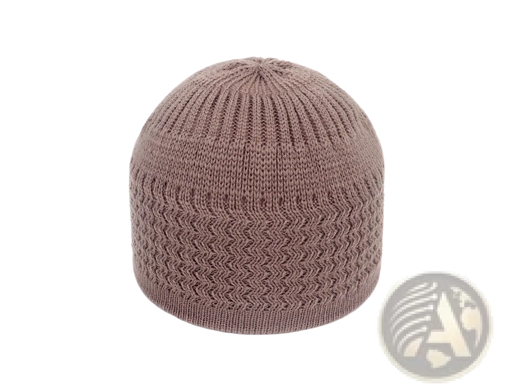 Taupe knitted jacquard winter beanie hat with ribbed top and chevron-patterned body for cold weather use