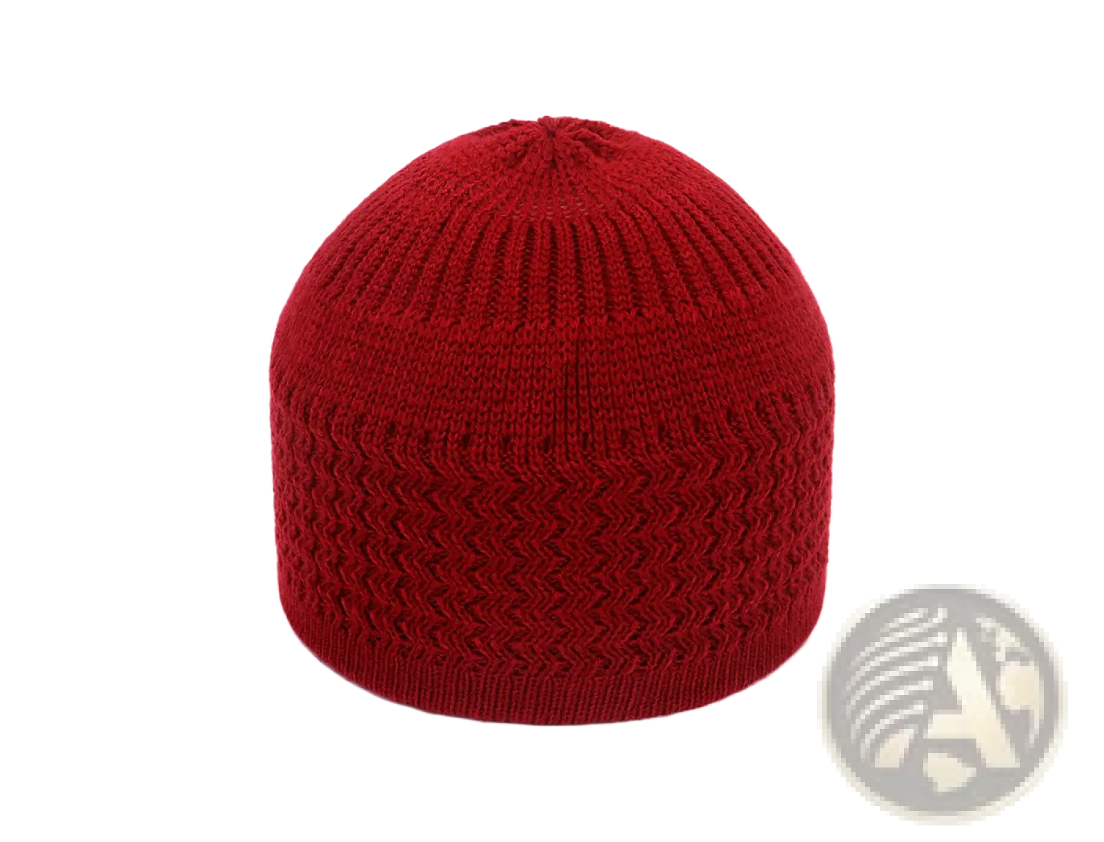 A vibrant red knitted jacquard winter beanie hat with ribbed texture and zigzag pattern on the lower half