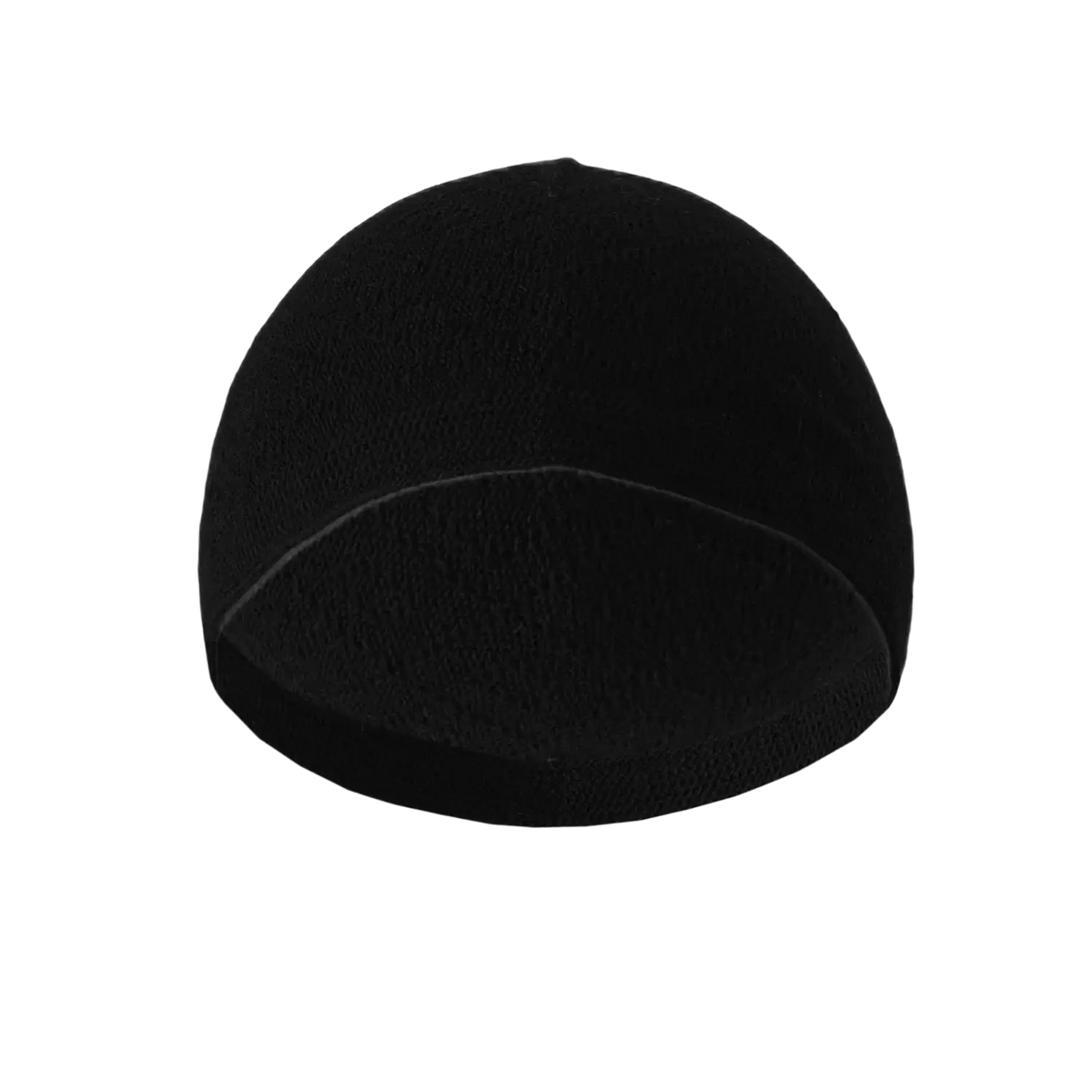 Black knitted kufi beanie prayer cap with ribbed brim and seamless construction perfect for prayer and daily wear