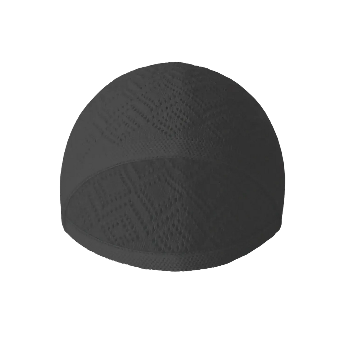 Black knitted kufi beanie prayer cap with textured woven pattern suitable for religious and casual wear