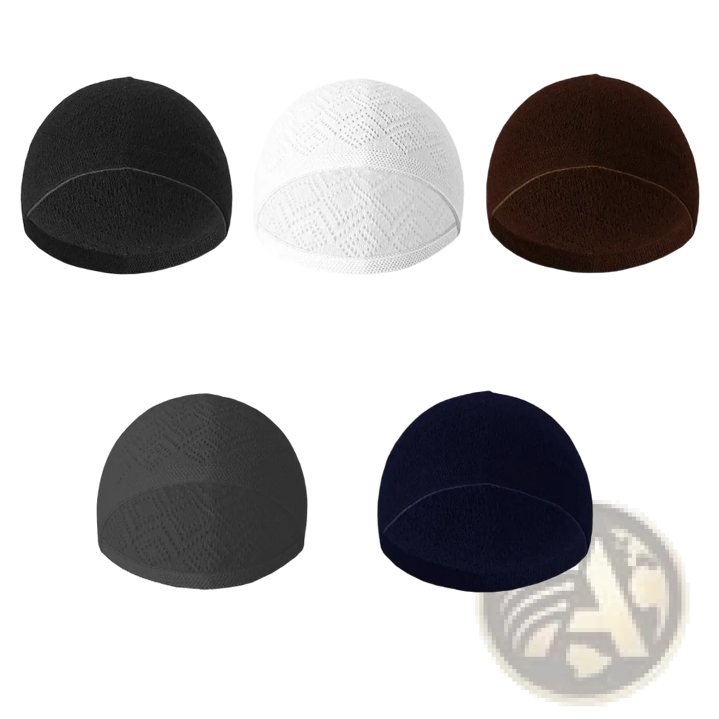 Knitted kufi beanie prayer caps in black white brown gray and navy blue knit available in five colors