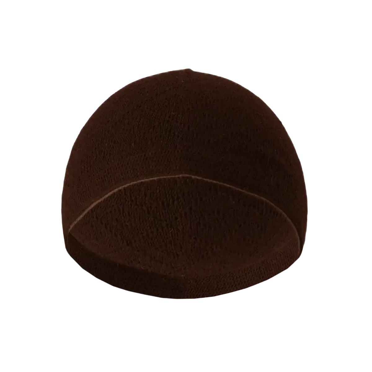 Dark brown soft textured knitted kufi beanie prayer cap with a simple seamless design for comfortable wear