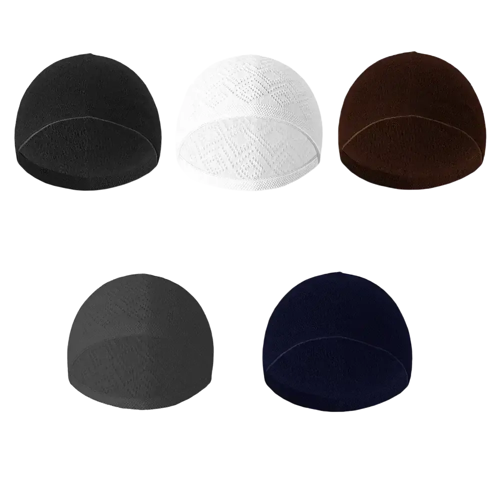 Five knitted kufi beanie prayer caps in black white brown gray and navy blue for religious use