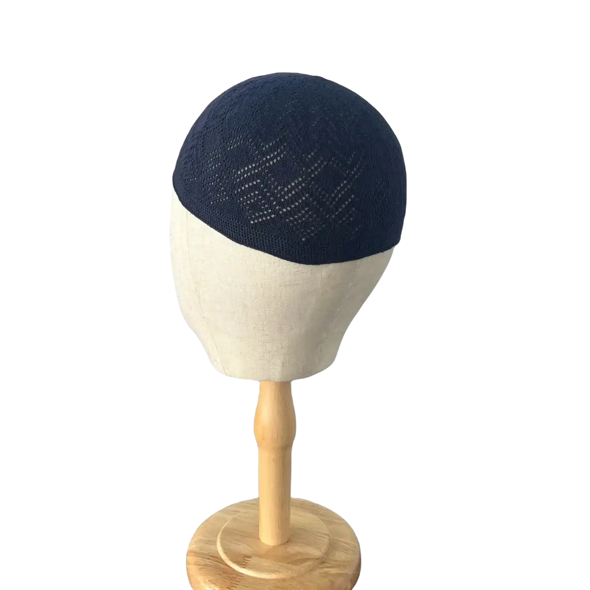 Navy blue knitted kufi beanie prayer cap featuring a subtle geometric pattern in soft knit fabric