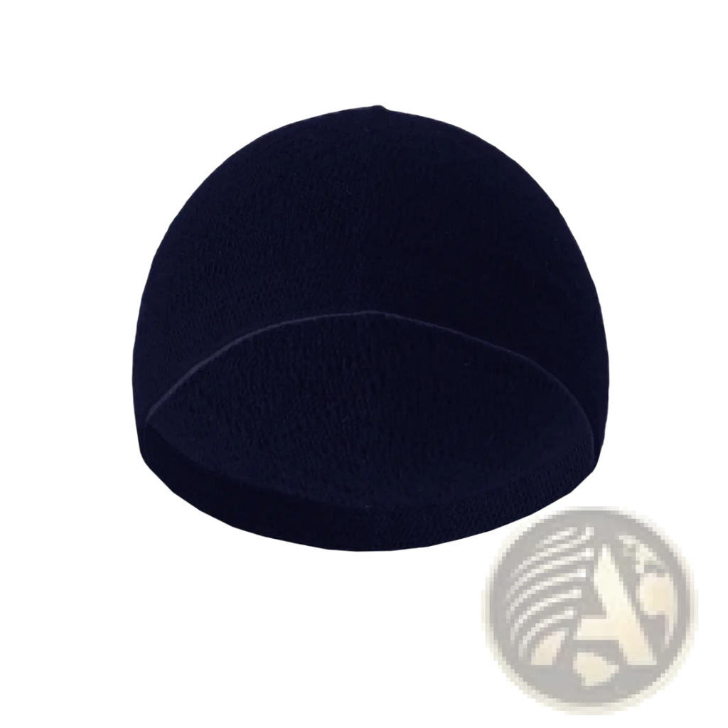 Navy blue knitted kufi beanie prayer cap made of knit material for comfortable religious use
