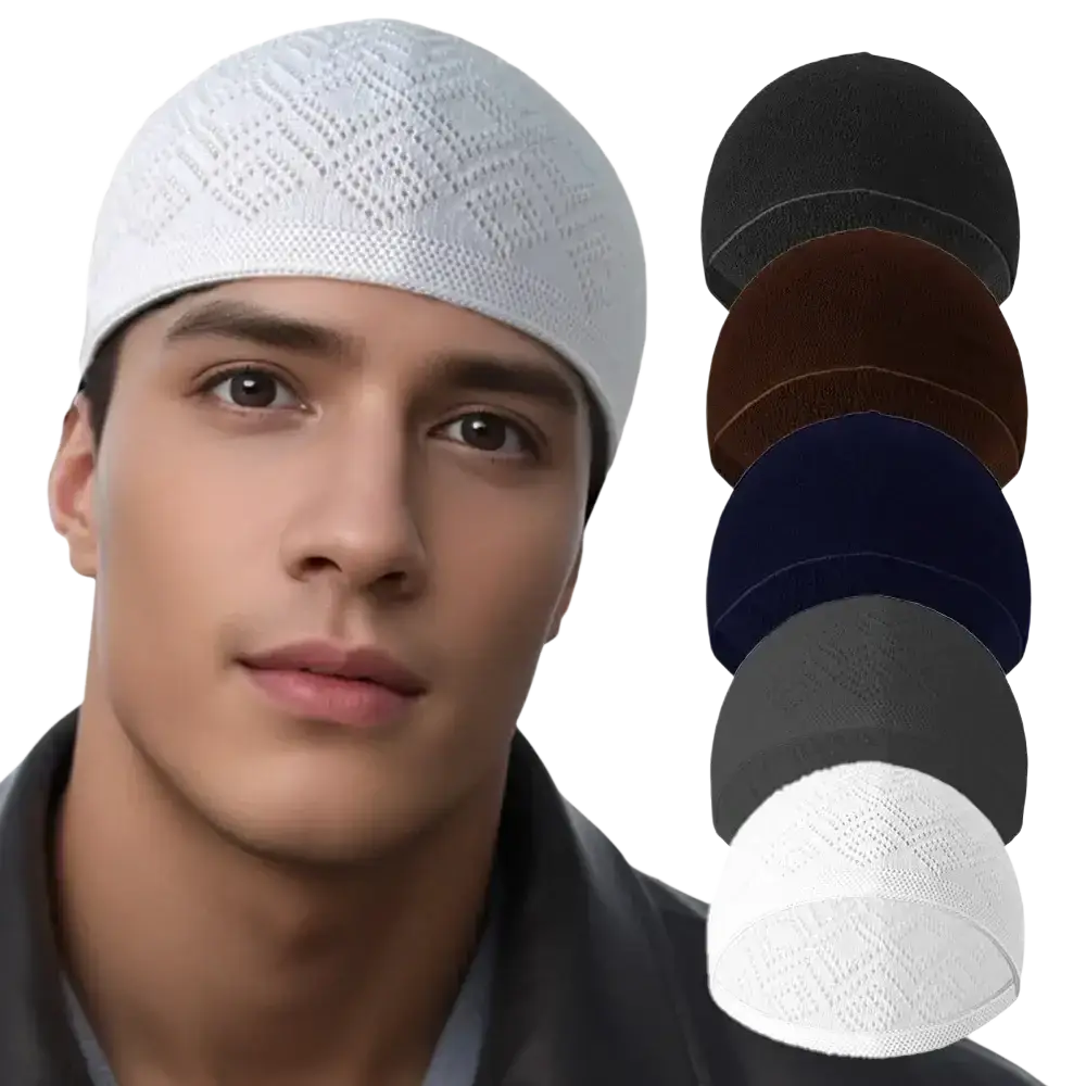 White knitted kufi beanie prayer cap with diamond-patterned texture for comfortable religious use