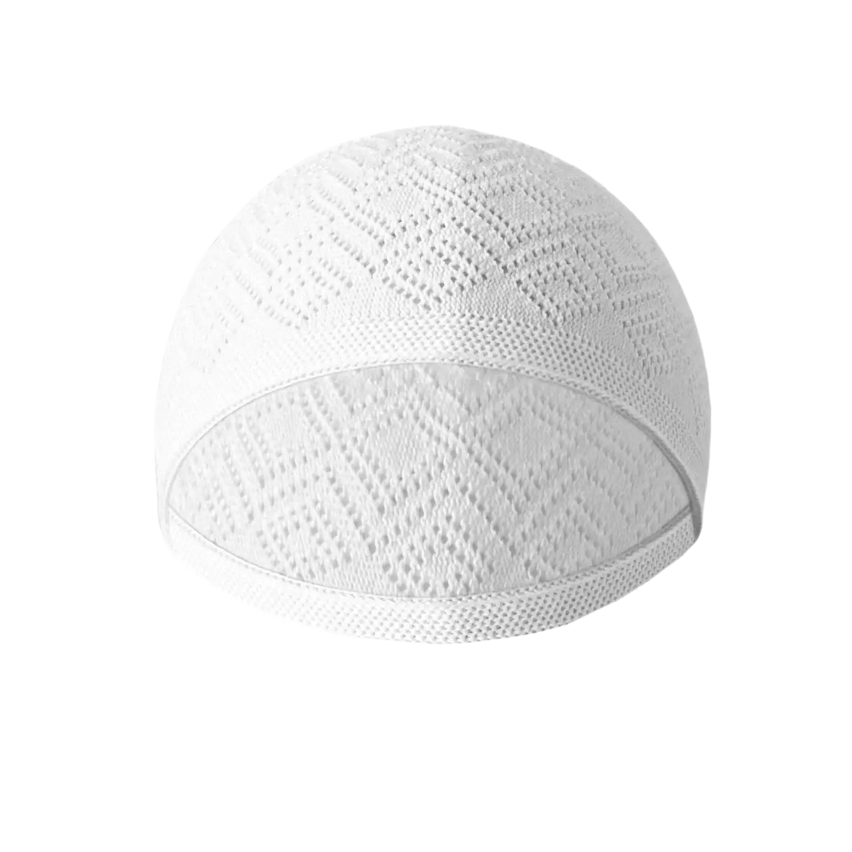 White knitted kufi beanie prayer cap with diamond-patterned texture and elastic band for comfortable fit