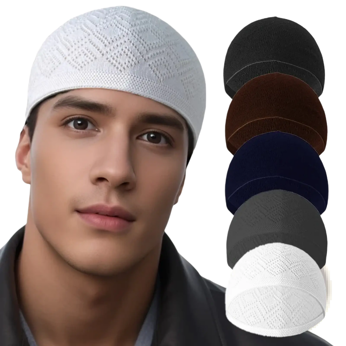 White knitted kufi beanie prayer cap with diamond-patterned texture made from soft yarn for comfortable wear