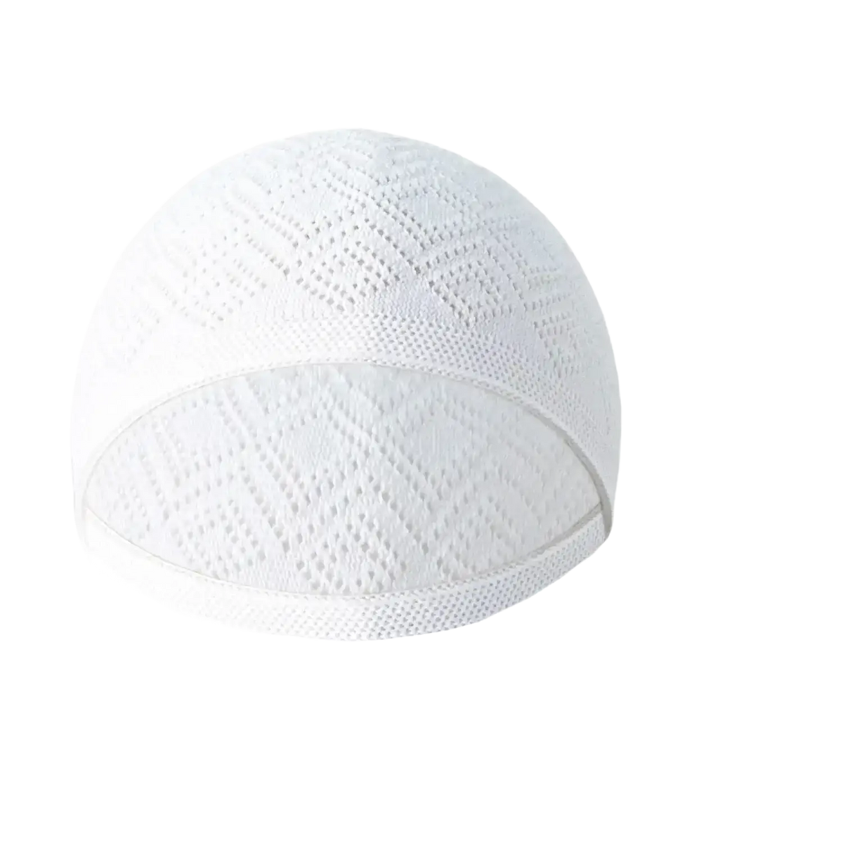 White knitted kufi beanie prayer cap featuring a diamond-patterned mesh design perfect for daily wear